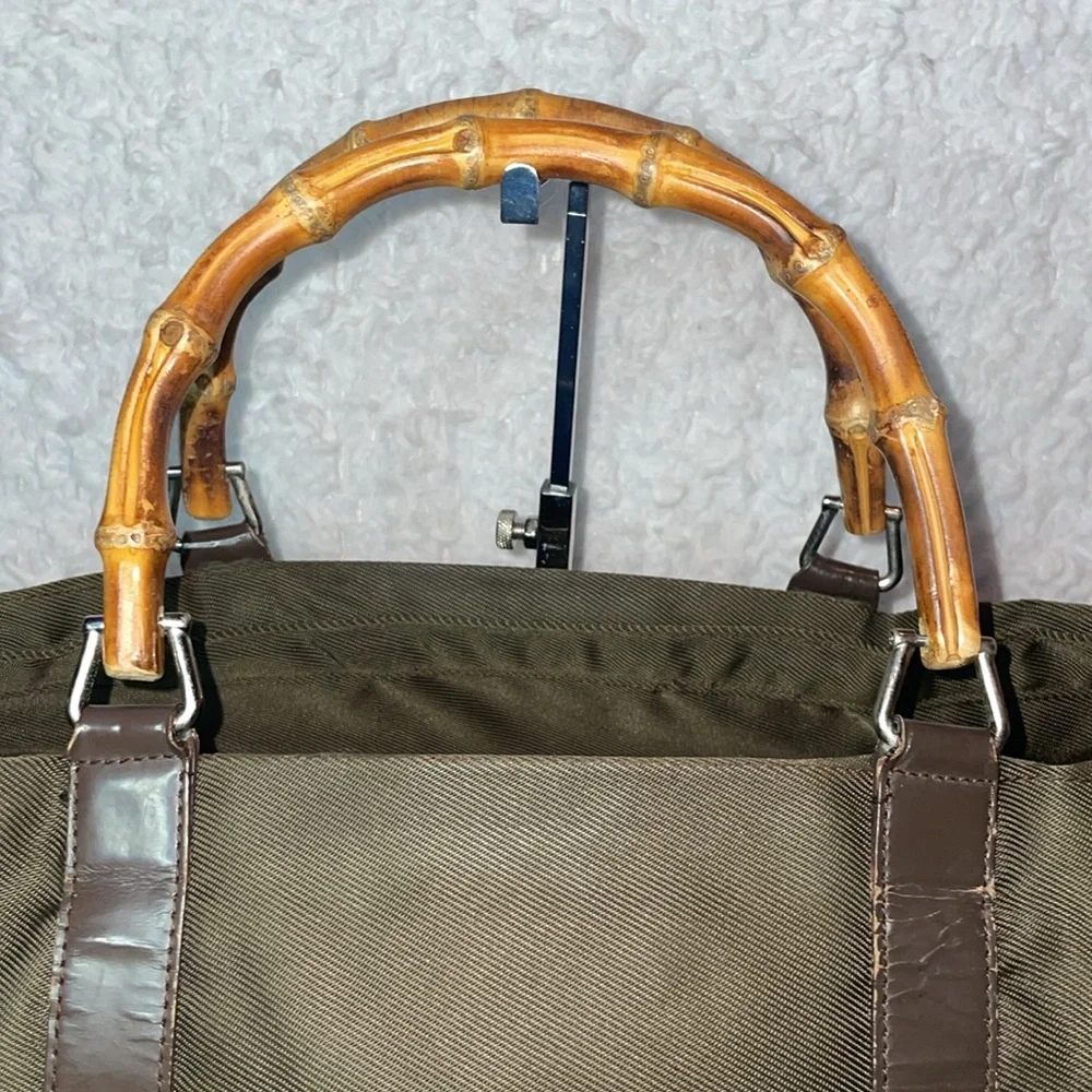 Gucci Vintage Bamboo Handle Nylon Leather Large Shopper Tote Olive Green Brown - Picture 6 of 15